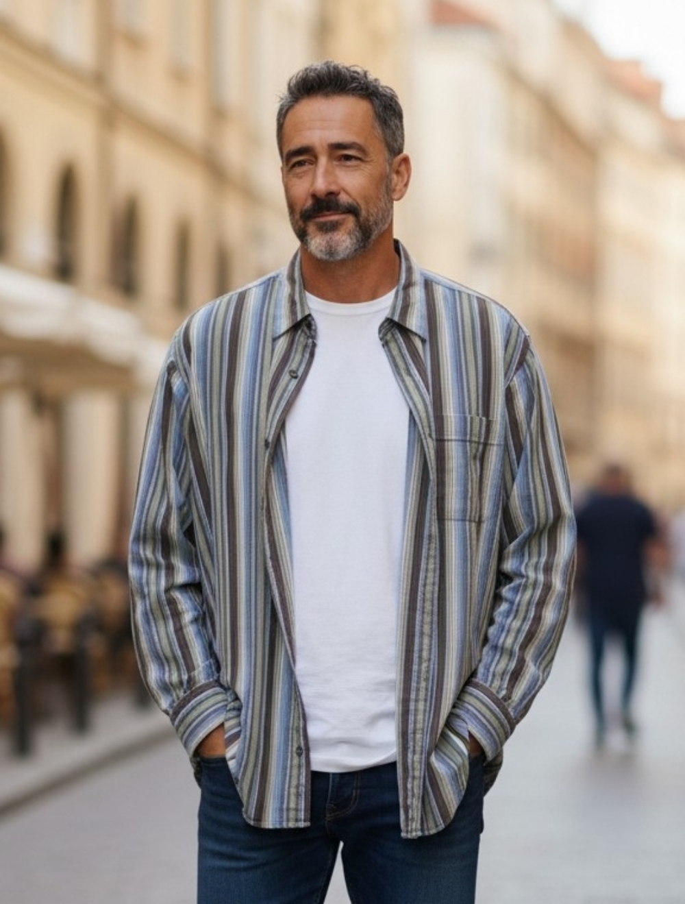 Geoffrey Beene Striped Button-Up Shirt in Blue, Green & Gray